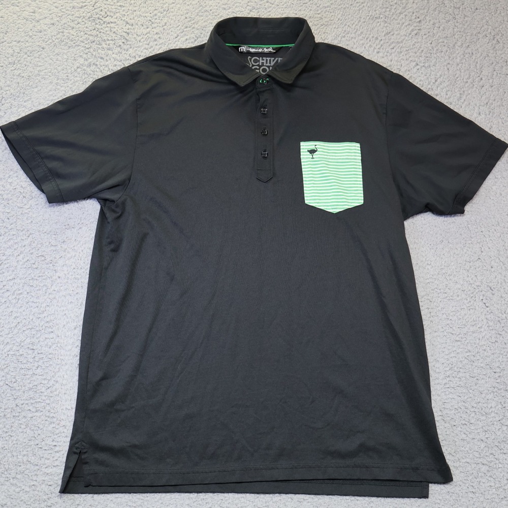 TravisMathew Chive Golf Mens XL Black Polo Shirt Green Striped Pocket Ostrich